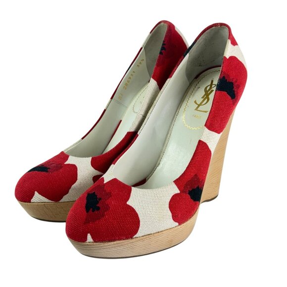 RARE Dr. Martens Daria 1B60 BEX Leather Black Lace-Up Knee  YVES SAINT LAURENT Red & Beige Fabric Poppy Print Platform Wedges 39.5 - 9.5US
